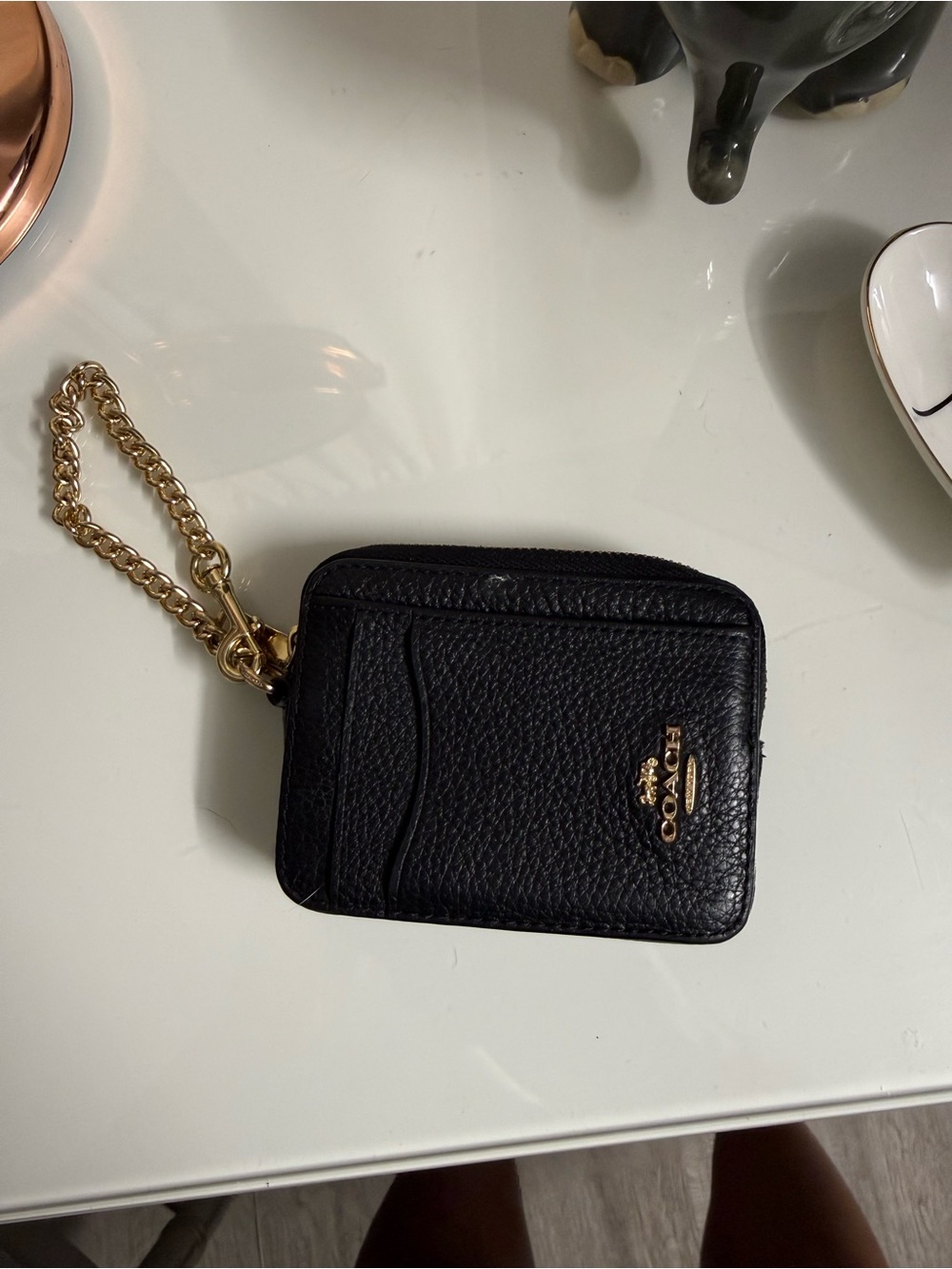 Coach Black Pebbled Leather Card Holder with Gold Chain